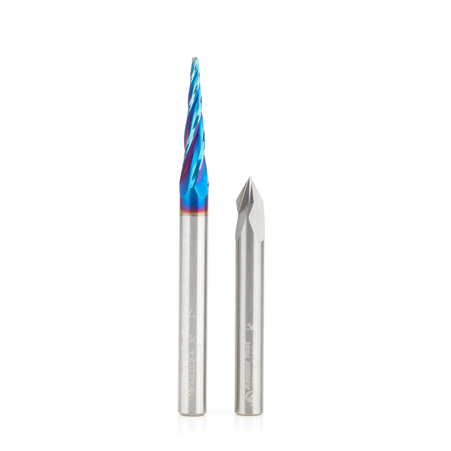 Amana AMS-192 2-Pc Solid Carbide Spiral 2D/3D Carving & 60 Degree V-Groove Router Bit Set, 1/4 Inch Shank