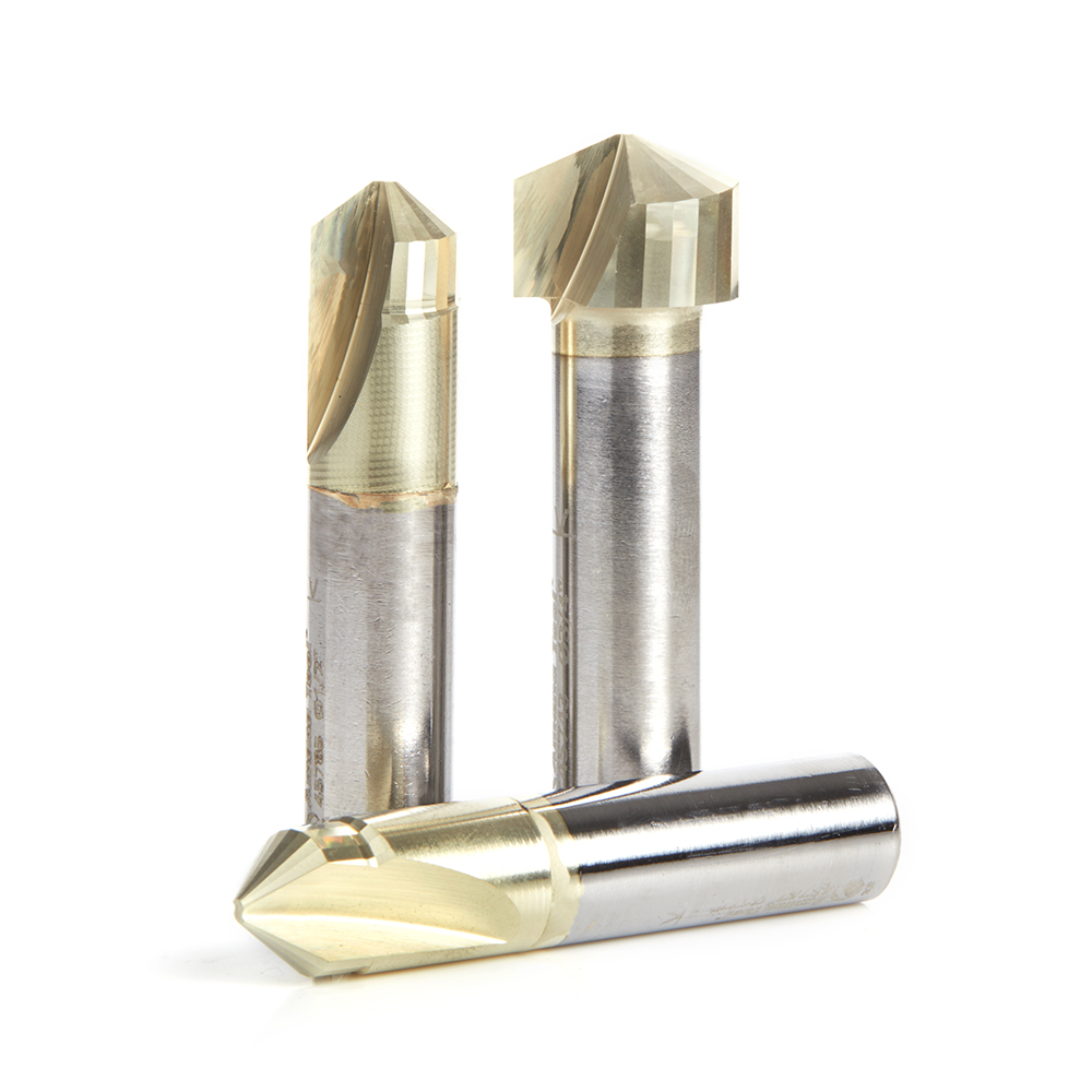 Amana AMS-219 3-Pc Carbide V-Groove 90, 108 & 135 Deg. Folding for Composite Material Panels Like TCM, CCM, ACM, 1/2 Inch Shank ZrN Coated Router Bit Pack