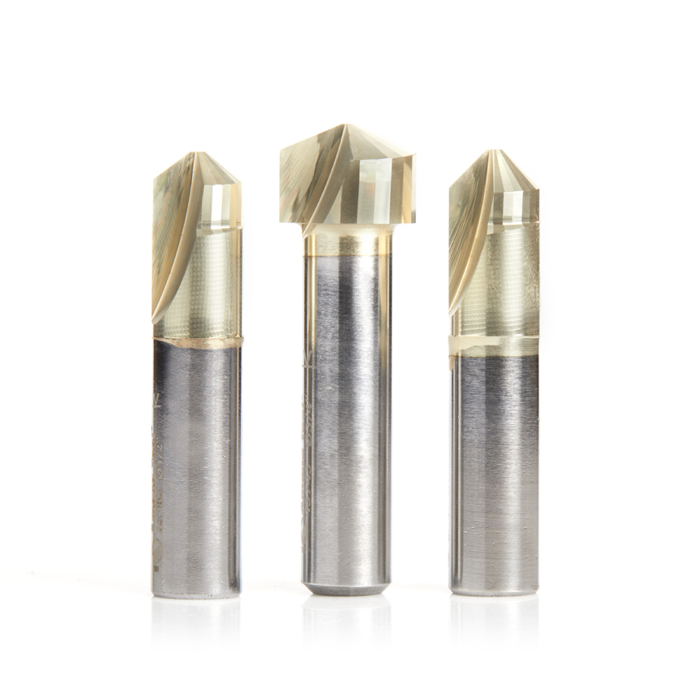 Amana AMS-219 3-Pc Carbide V-Groove 90, 108 & 135 Deg. Folding for Composite Material Panels Like TCM, CCM, ACM, 1/2 Inch Shank ZrN Coated Router Bit Pack