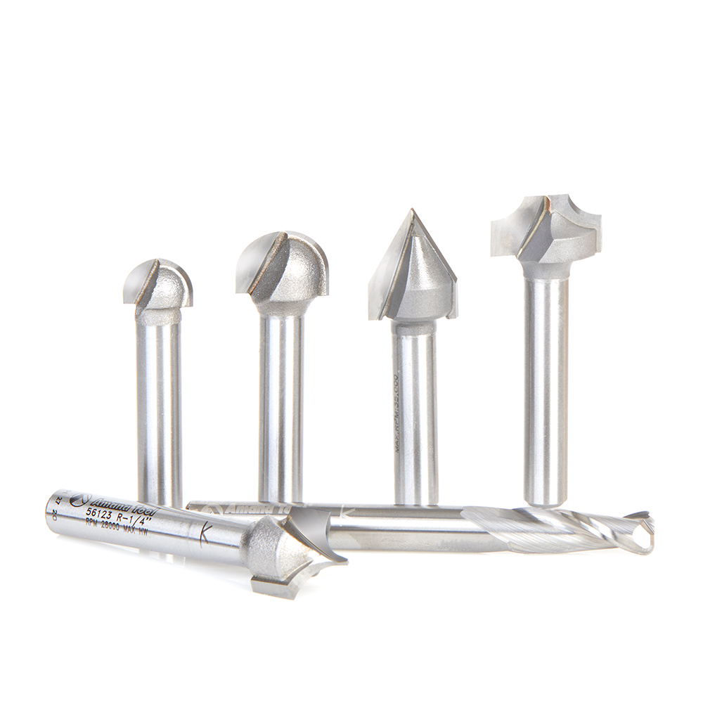 Amana AMS-223 6-Pc CNC Lettering Router Bit Set, 1/4 Inch Shank