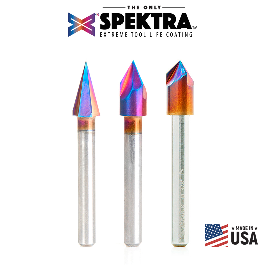 Amana AMS-248-K 3-Pc Spektra, Extreme Tool Life Coated CNC 30°, 60° & 90° V-Groove Solid Carbide (Brazed To Steel Shank) 1/4 Inch Shank Pack