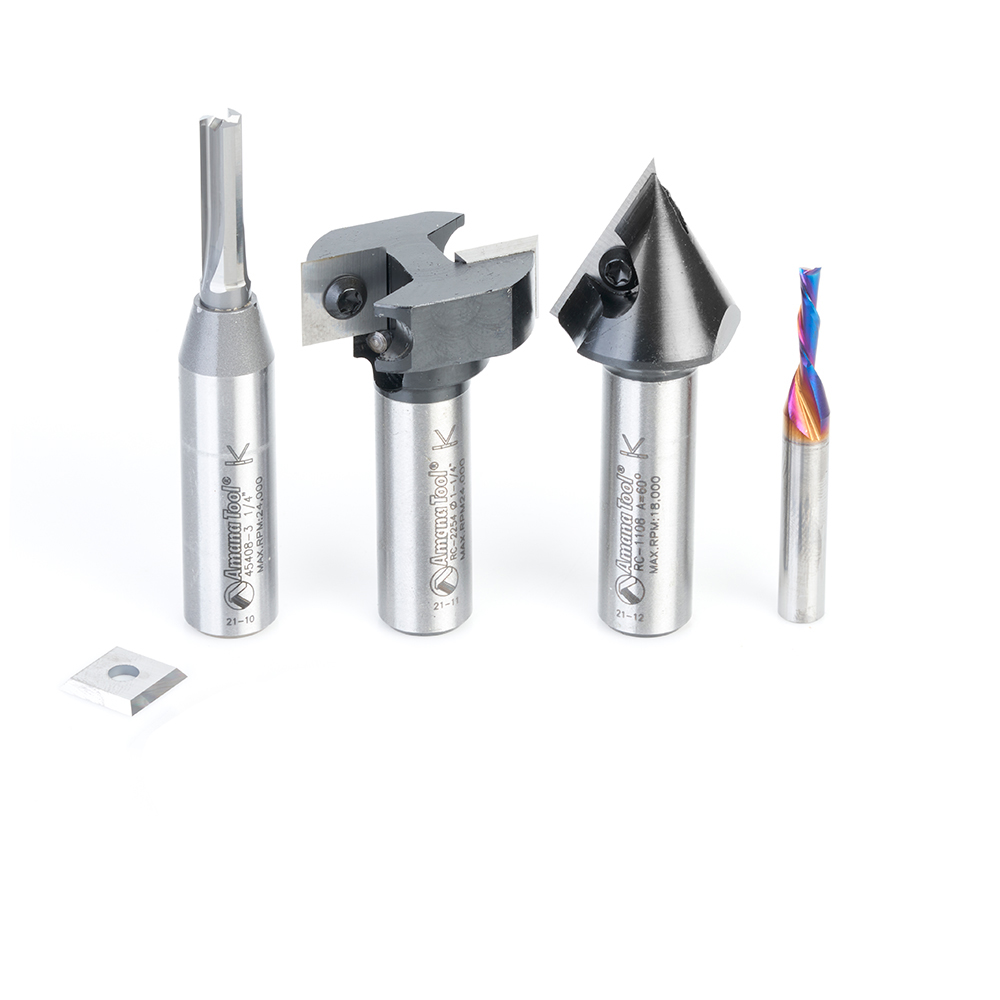 Amana AMS-262 4-Pc CNC Solid and Insert Carbide Simulated MDF Shaker Door Router Bit Pack, 1/4 & 1/2 Inch Shank