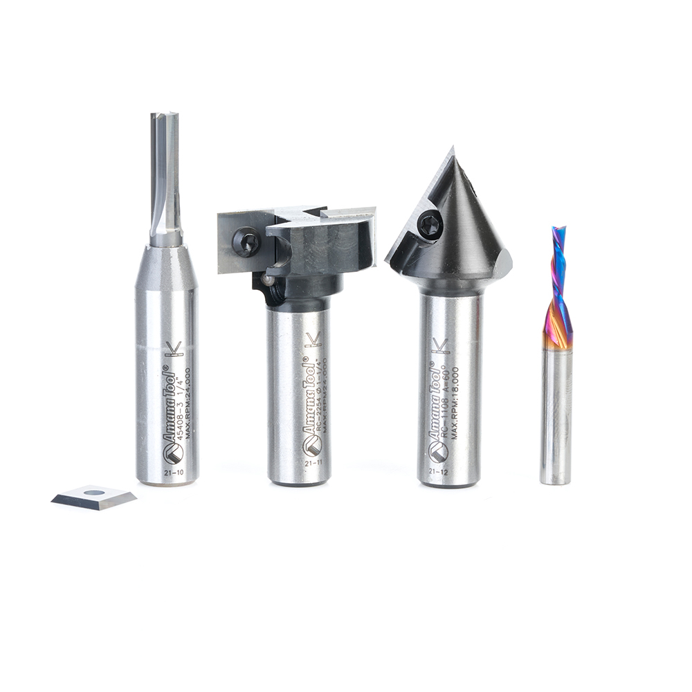 Amana AMS-262 4-Pc CNC Solid and Insert Carbide Simulated MDF Shaker Door Router Bit Pack, 1/4 & 1/2 Inch Shank