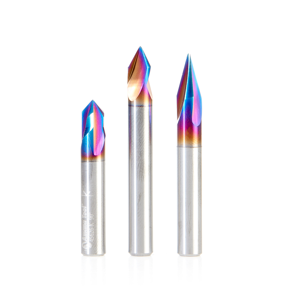 Amana AMS-310-K 3-Pc Spektra, Extreme Tool Life Coated CNC 30°, 60° & 90° V-Groove, Signmaking & Lettering, 1/4 Inch Shank Pack