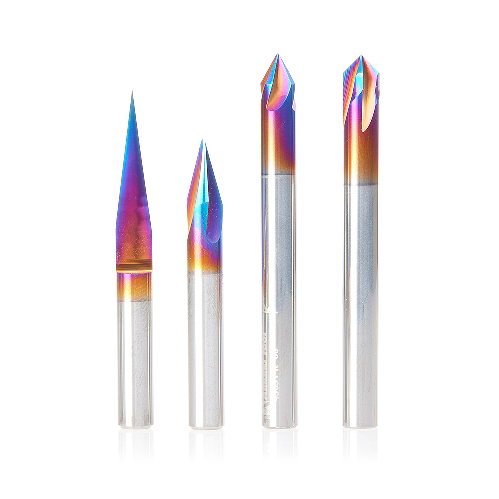 Amana AMS-312-K 4-Pc Spektra, Extreme Tool Life Coated CNC 15°, 30°, 60° & 90° V-Groove, Signmaking & Lettering, 1/4 Inch Shank Pack