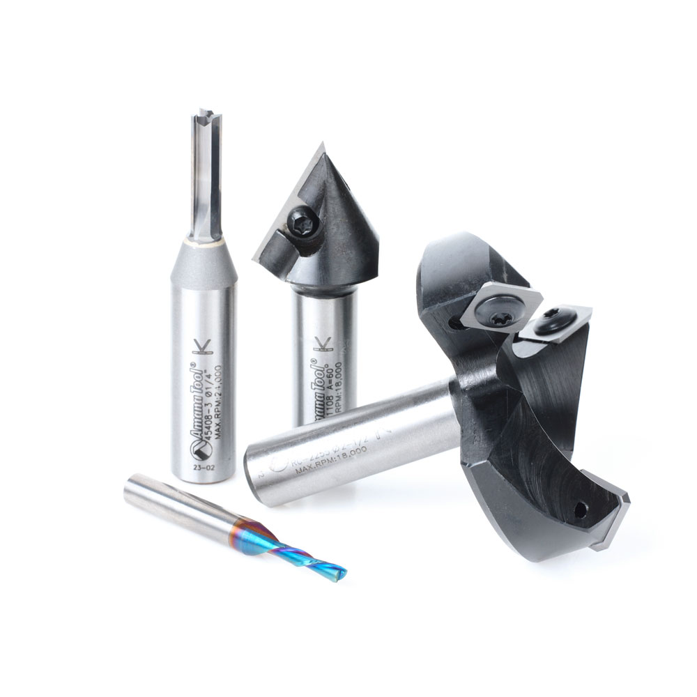 Amana AMS-316 4-Pc CNC Solid and Insert Carbide Simulated MDF Shaker Door II Basic Router Bit Pack, 1/4 & 1/2 Inch Shank