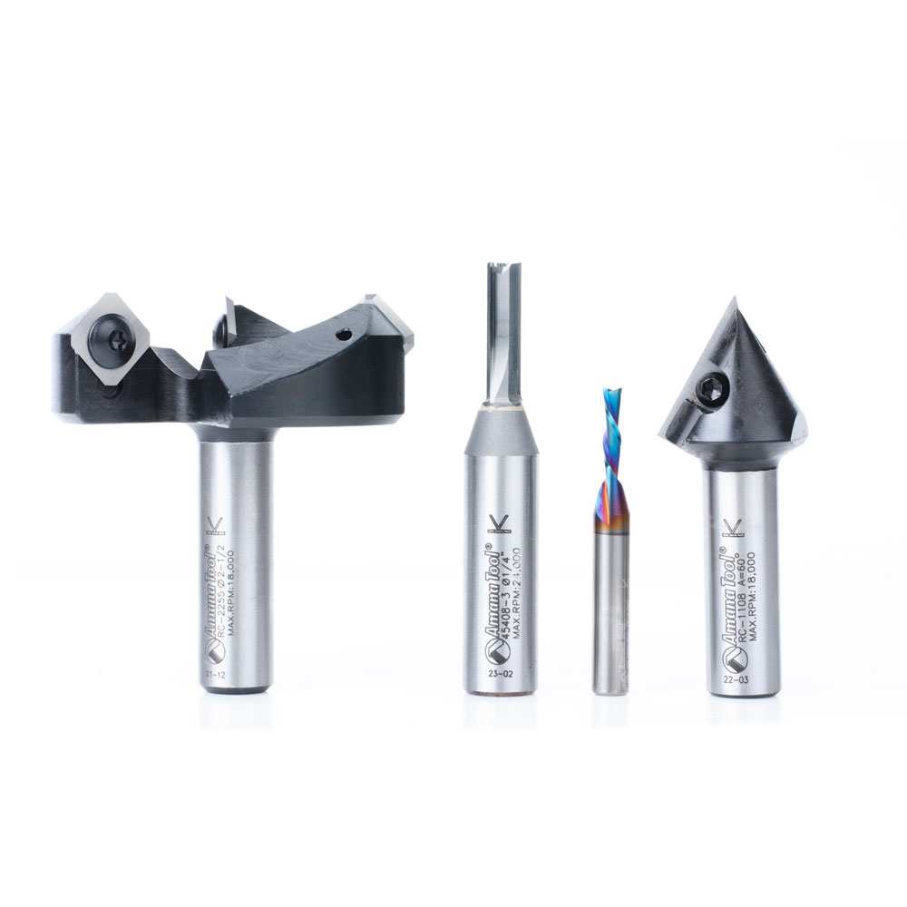 Amana AMS-316 4-Pc CNC Solid and Insert Carbide Simulated MDF Shaker Door II Basic Router Bit Pack, 1/4 & 1/2 Inch Shank