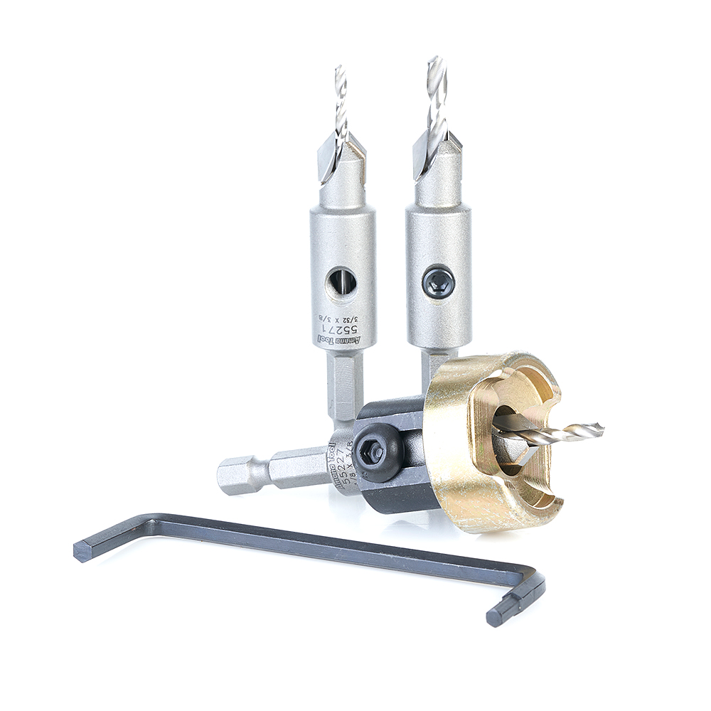 Amana AMS-627 3-Pc Carbide Tipped Countersink with Adjustable Depth Stop and No-Thrust, No-Mar Ball Bearing Set with Quick Release Hex Shank