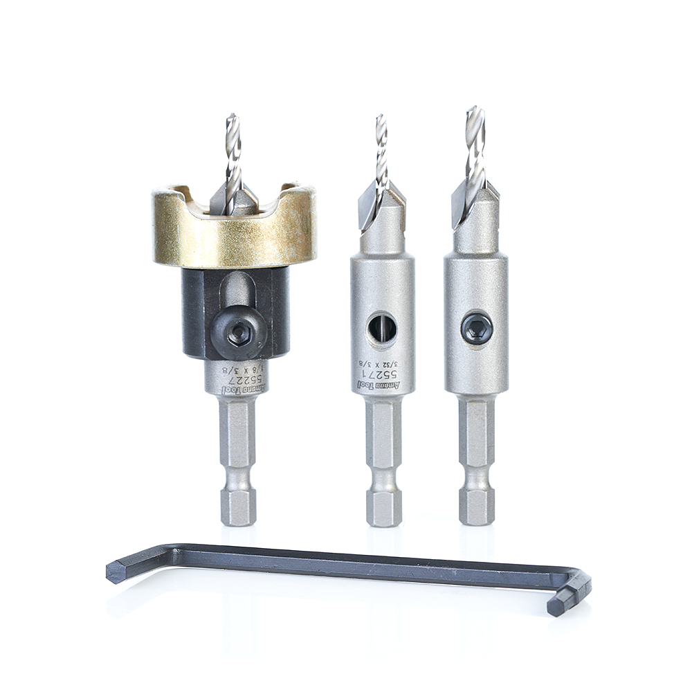 Amana AMS-627 3-Pc Carbide Tipped Countersink with Adjustable Depth Stop and No-Thrust, No-Mar Ball Bearing Set with Quick Release Hex Shank