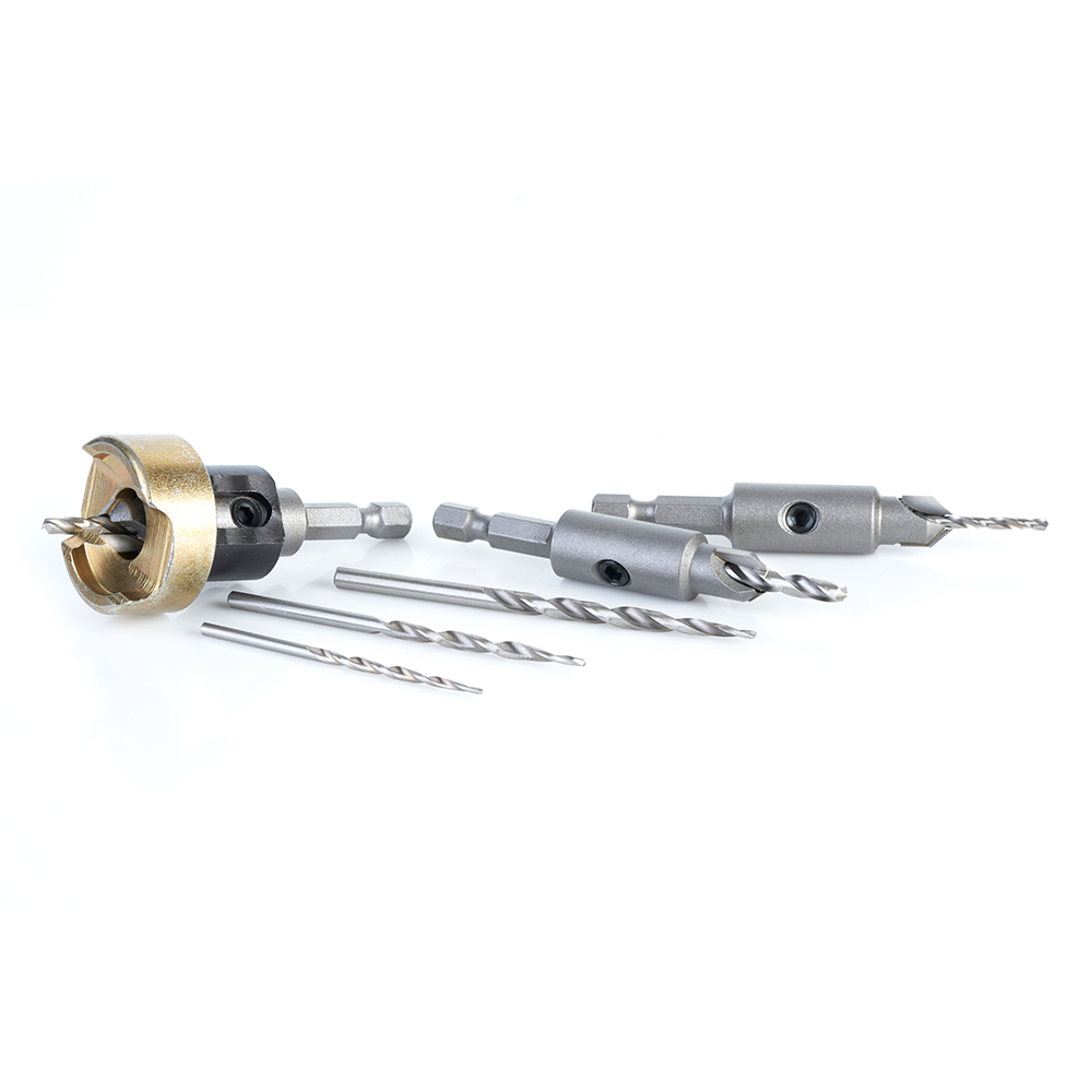 Amana AMS-628 6-Pc Carbide Tipped Countersink with Adjustable Depth Stop and No-Thrust, No-Mar Ball Bearing Set with Quick Release Shank and Replacement HSS Drills