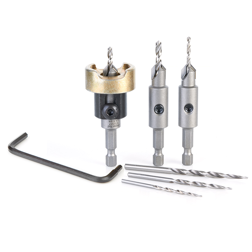 Amana AMS-628 6-Pc Carbide Tipped Countersink with Adjustable Depth Stop and No-Thrust, No-Mar Ball Bearing Set with Quick Release Shank and Replacement HSS Drills