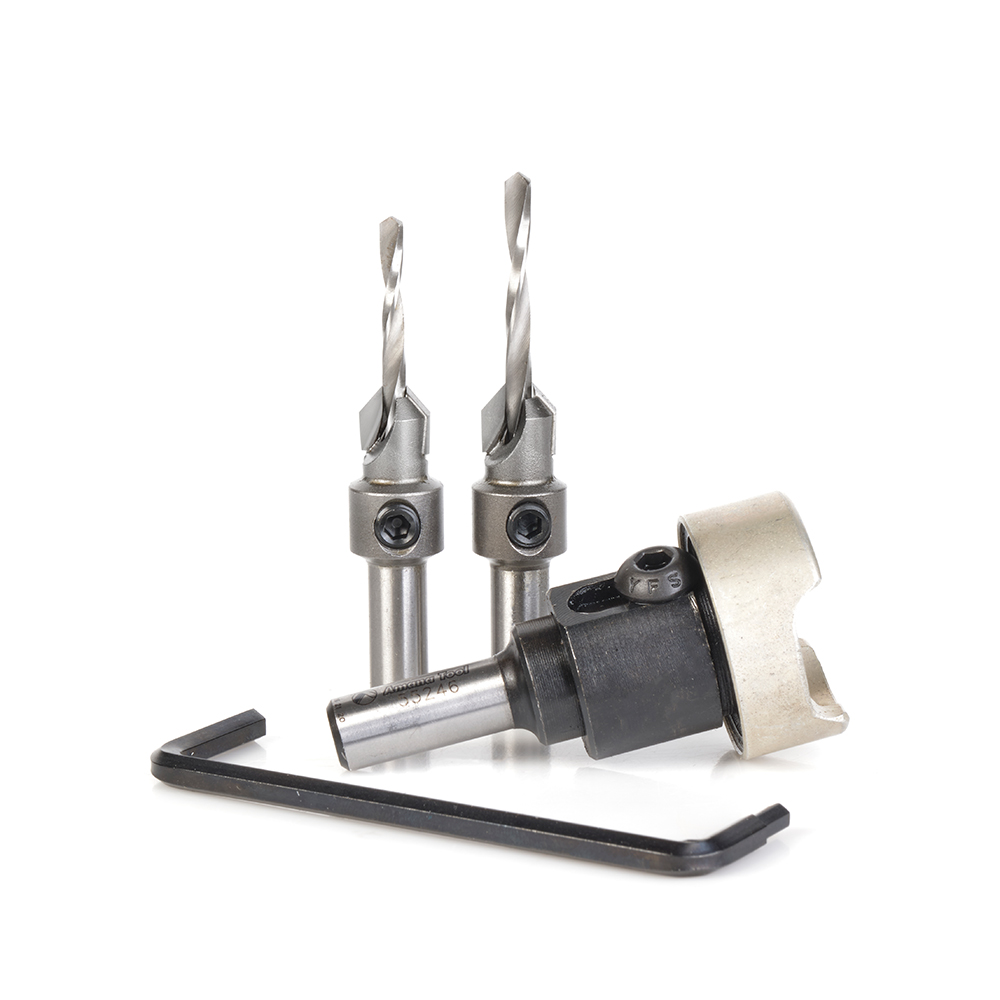 Amana AMS-629 3-Pc Carbide Tipped Countersink with Adjustable Depth Stop and No-Thrust, No-Mar Ball Bearing Set, with Round Shank