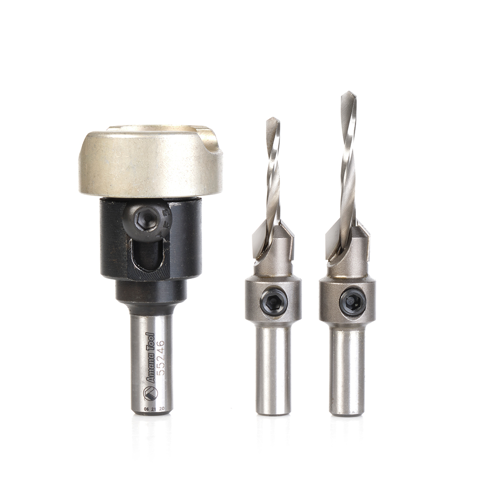 Amana AMS-629 3-Pc Carbide Tipped Countersink with Adjustable Depth Stop and No-Thrust, No-Mar Ball Bearing Set, with Round Shank