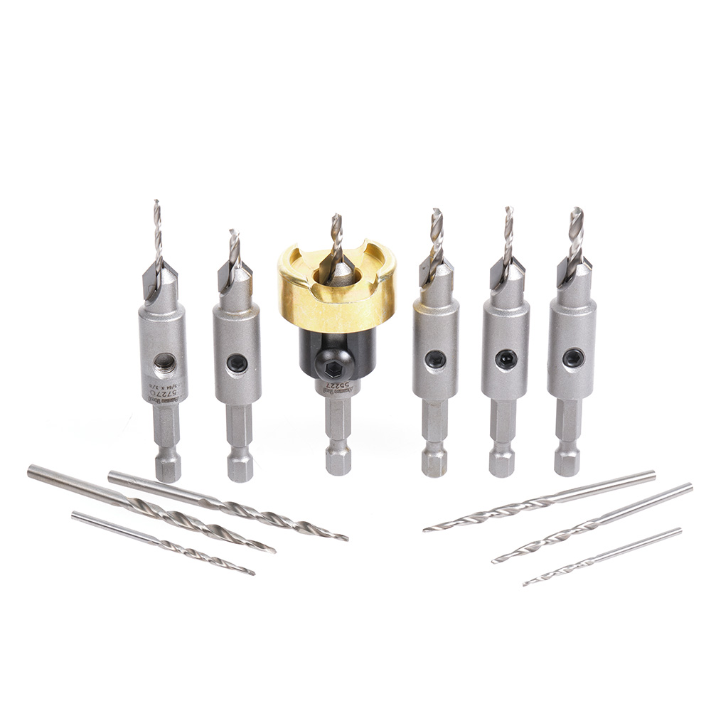 Amana AMS-630 12-Pc Carbide Tipped Countersink with Adjustable Depth Stop and No-Thrust, No-Mar Ball Bearing Set with Quick Release Hex Shank and Replacement HSS Drills