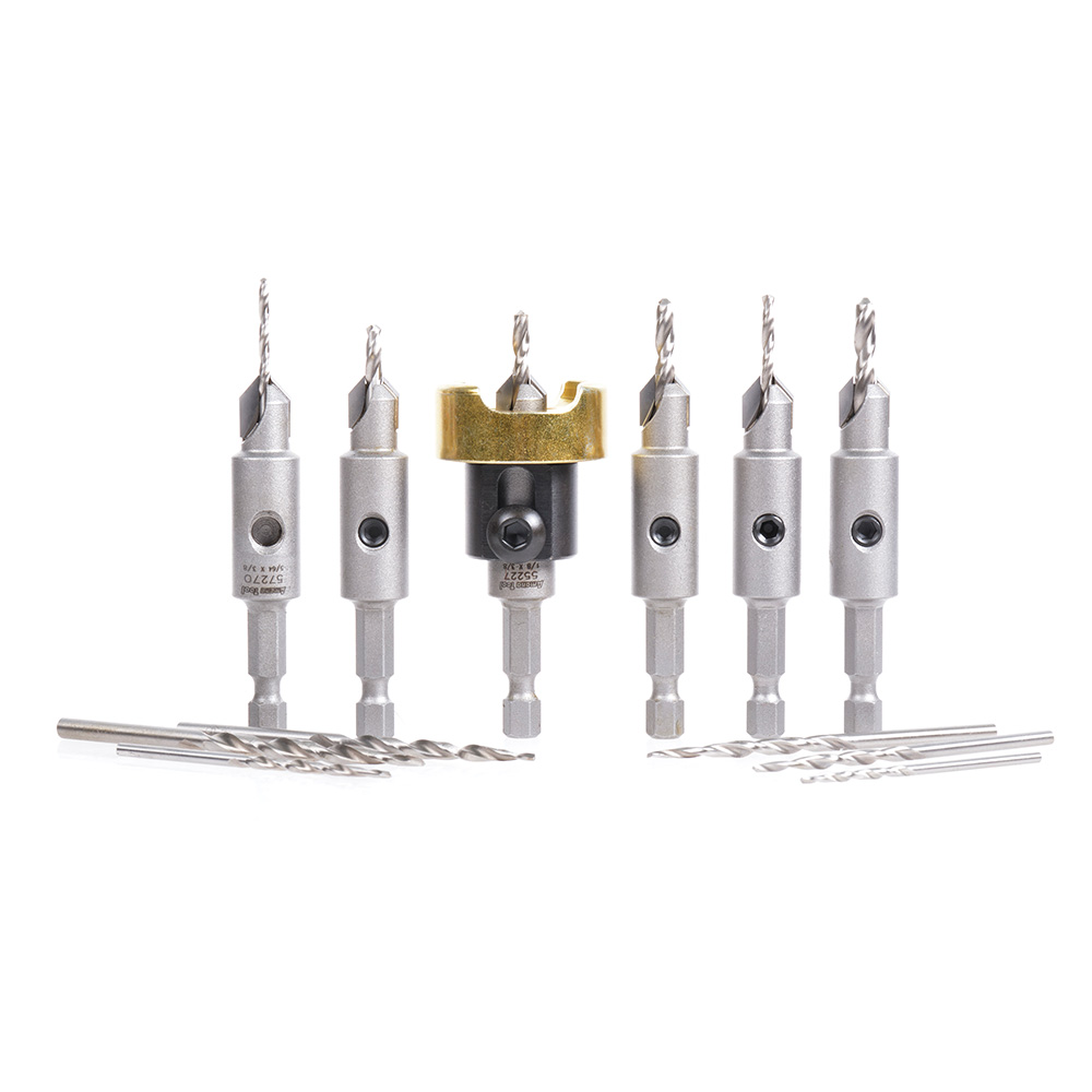 Amana AMS-630 12-Pc Carbide Tipped Countersink with Adjustable Depth Stop and No-Thrust, No-Mar Ball Bearing Set with Quick Release Hex Shank and Replacement HSS Drills