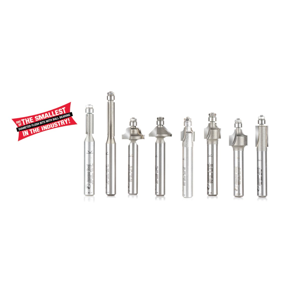 Amana AMS-MR001 8-Piece Miniature Router Bit Collection With Mini 3/16€ Diameter Ball Bearing