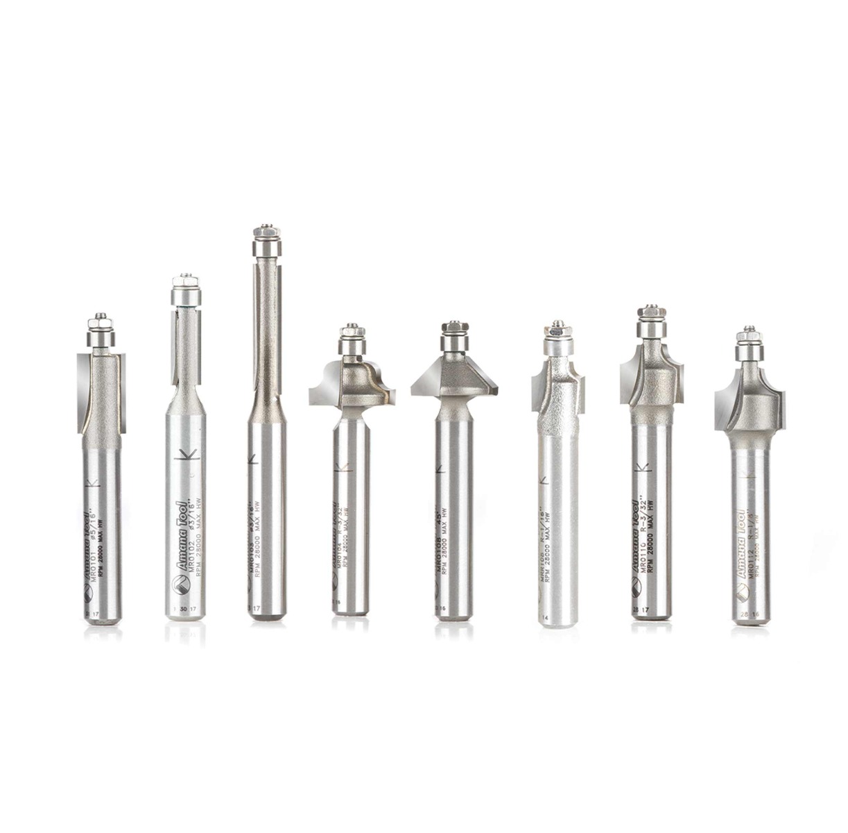 Amana AMS-MR001 8-Piece Miniature Router Bit Collection With Mini 3/16€ Diameter Ball Bearing