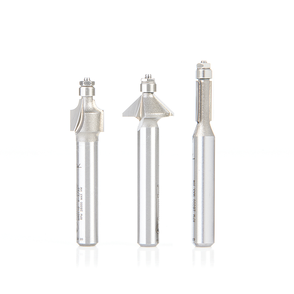 Amana AMS-MRSET 3-Piece Miniature Router Bit Pack With Mini 3/16" Diameter Lower Ball Bearing