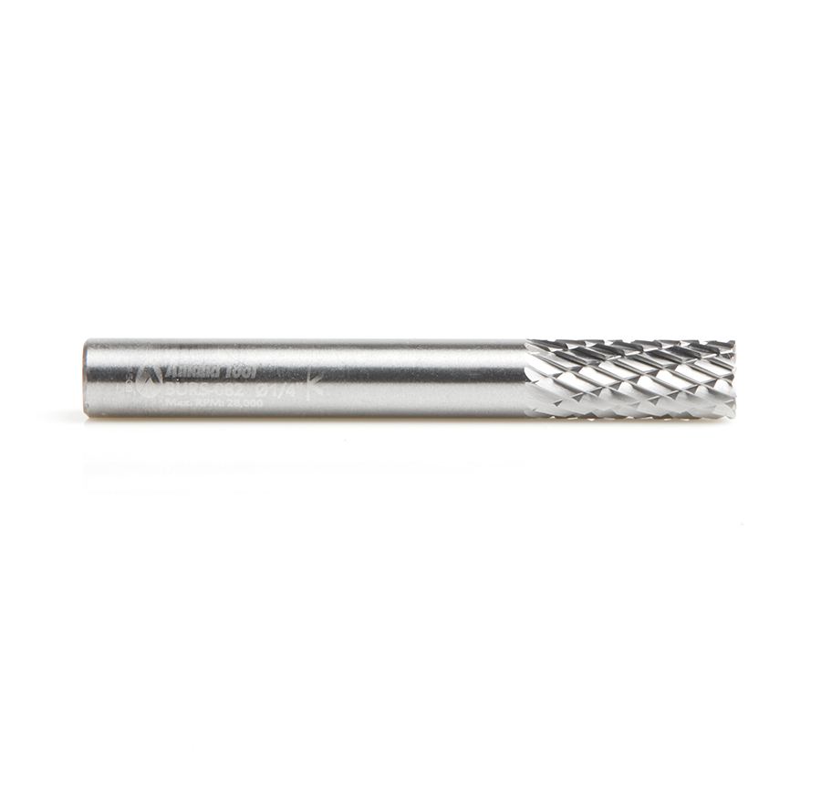 Amana BURS-082 Solid Carbide Cylindrical Shape with End Cut 1/4 Dia x 5/8 x 1/4 Shank Double Cut SB Burr Bit for Die-Grinders