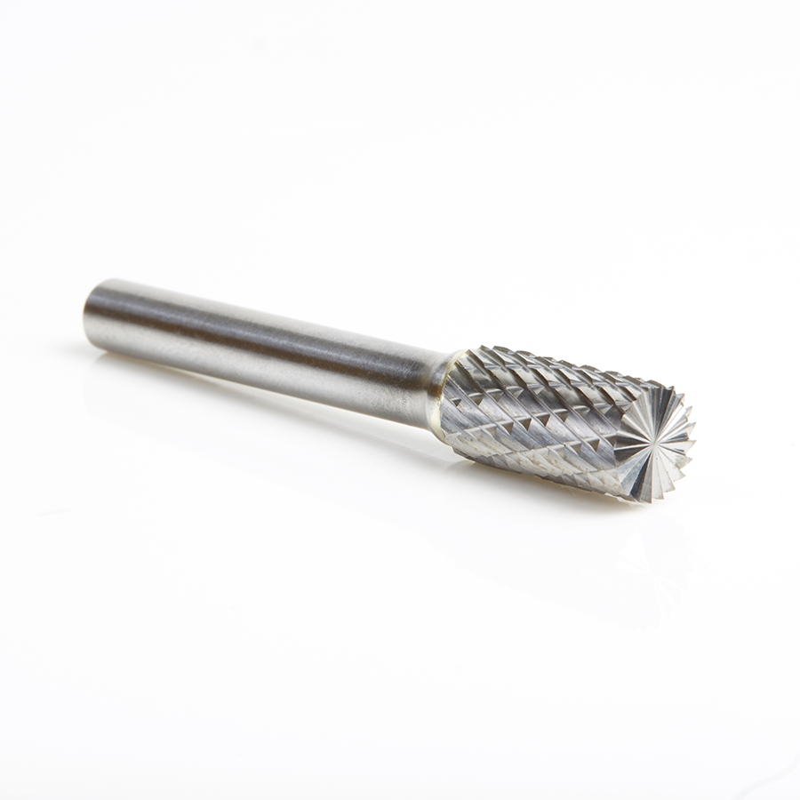 Amana BURS-084 Solid Carbide Cylindrical Shape with End Cut 3/8 Dia x 3/4 x 1/4 Shank Double Cut SB Burr Bit for Die-Grinders