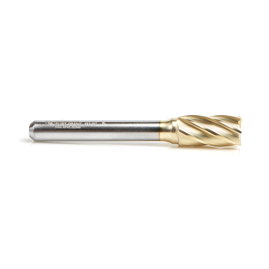 Amana BURS-084NF Solid Carbide Cylindrical Shape with End Cut 3/8 Dia x 3/4 x 1/4 Shank Non-Ferrous ZrN Coated SB Burr Bit for Die-Grinders