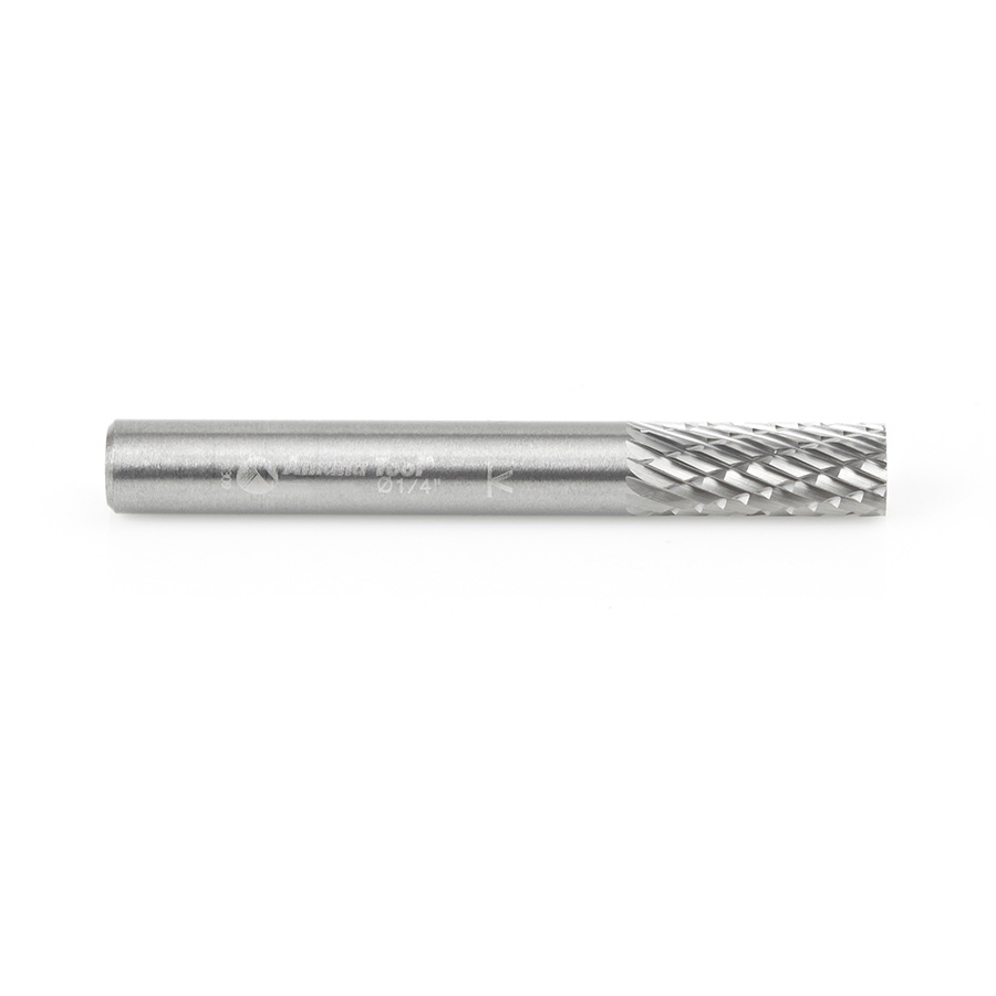Amana BURS-100 Solid Carbide Cylindrical Shape with No End Cut 1/4 Dia x 5/8 x 1/4 Shank Double Cut SA Burr Bit for Die-Grinders
