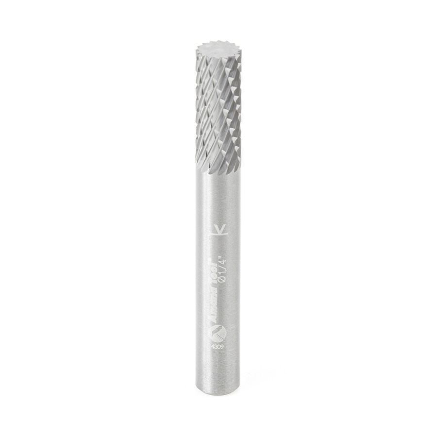 Amana BURS-100 Solid Carbide Cylindrical Shape with No End Cut 1/4 Dia x 5/8 x 1/4 Shank Double Cut SA Burr Bit for Die-Grinders