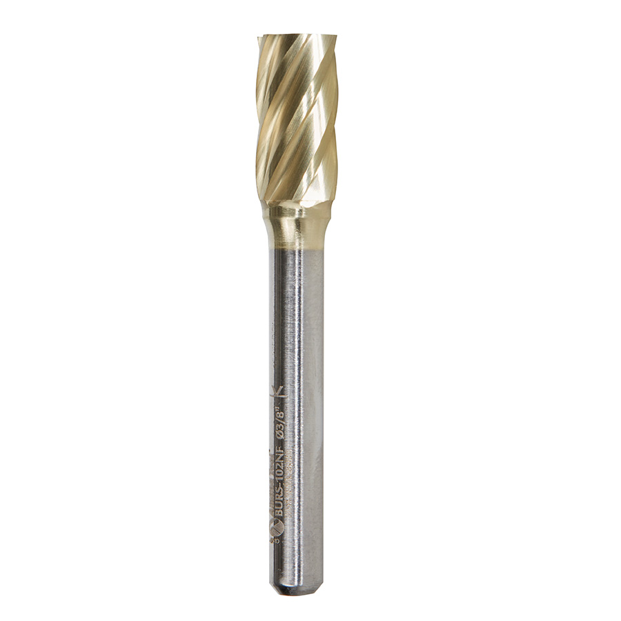 Amana BURS-102NF Solid Carbide Cylindrical Shape with No End Cut 3/8 Dia x 3/4 x 1/4 Shank Non-Ferrous ZrN Coated SA Burr Bit for Die-Grinders