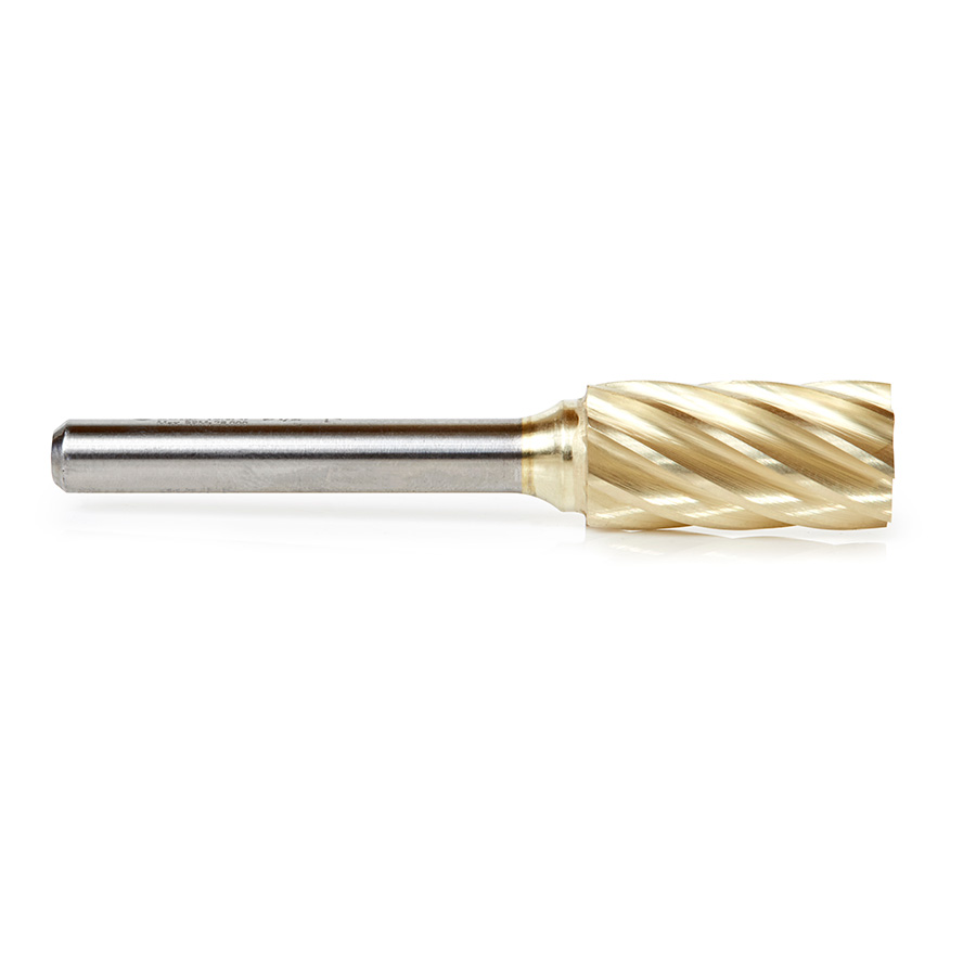 Amana BURS-104NF Solid Carbide Cylindrical Shape with No End Cut 1/2 Dia x 1 x 1/4 Shank Non-Ferrous ZrN Coated SA Burr Bit for Die-Grinders