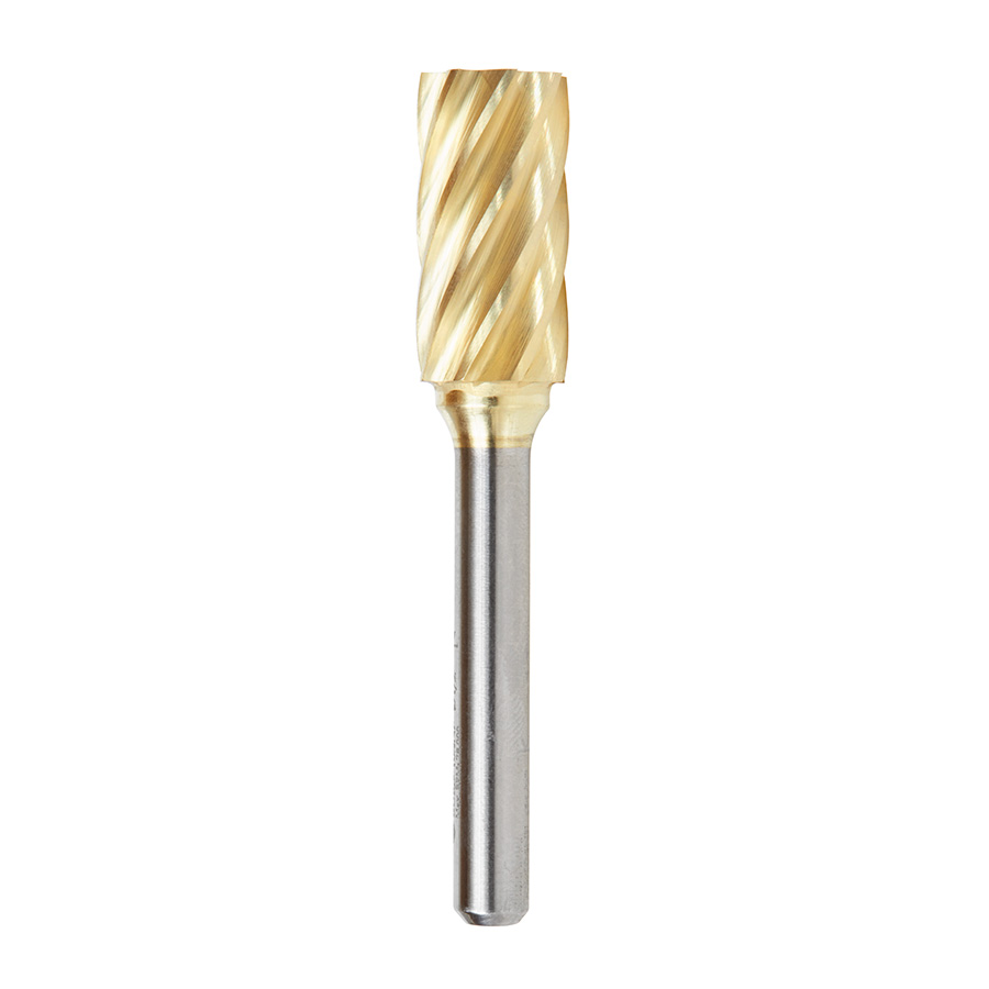 Amana BURS-104NF Solid Carbide Cylindrical Shape with No End Cut 1/2 Dia x 1 x 1/4 Shank Non-Ferrous ZrN Coated SA Burr Bit for Die-Grinders