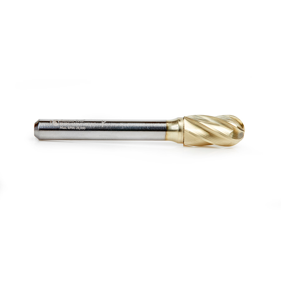Amana BURS-122NF Solid Carbide Radius Cylinder Shape 3/8 Dia x 3/4 x 1/4 Shank Non-Ferrous ZrN Coated SC Burr Bit for Die-Grinders