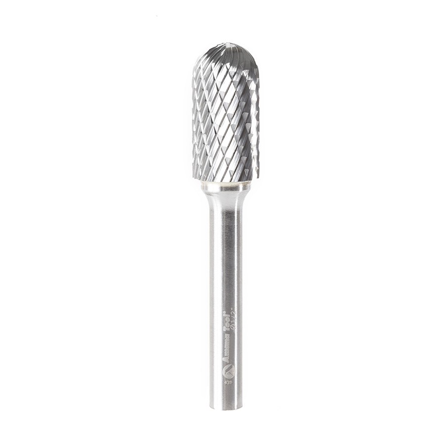 Amana BURS-124 Solid Carbide Radius Cylinder Shape 1/2 Dia x 1 x 1/4 Shank Double Cut SC Burr Bit for Die-Grinders