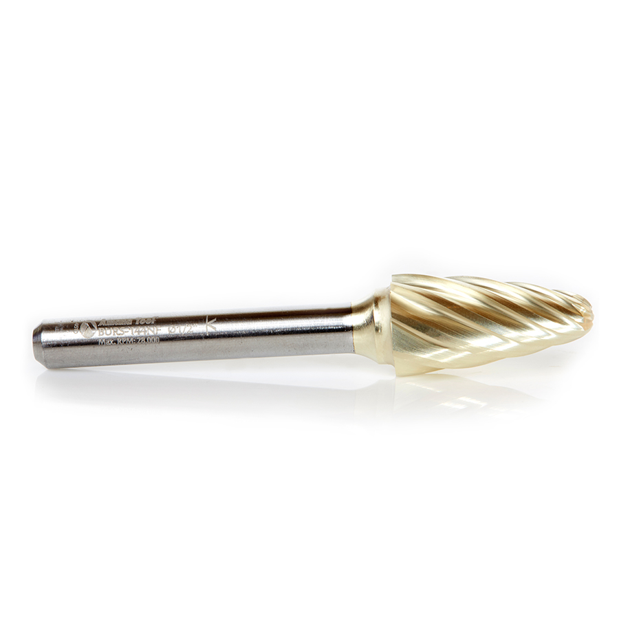 Amana BURS-144NF Solid Carbide Tree Shape 1/2 Dia x 1 x 1/4 Shank Non-Ferrous ZrN Coated SF Burr Bit for Die-Grinders