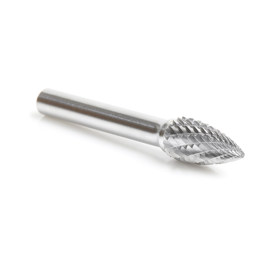 Amana BURS-194 Solid Carbide Pointed Tree Shape 3/8 Dia x 3/4 x 1/4 Shank Double Cut SG Burr Bit for Die-Grinders
