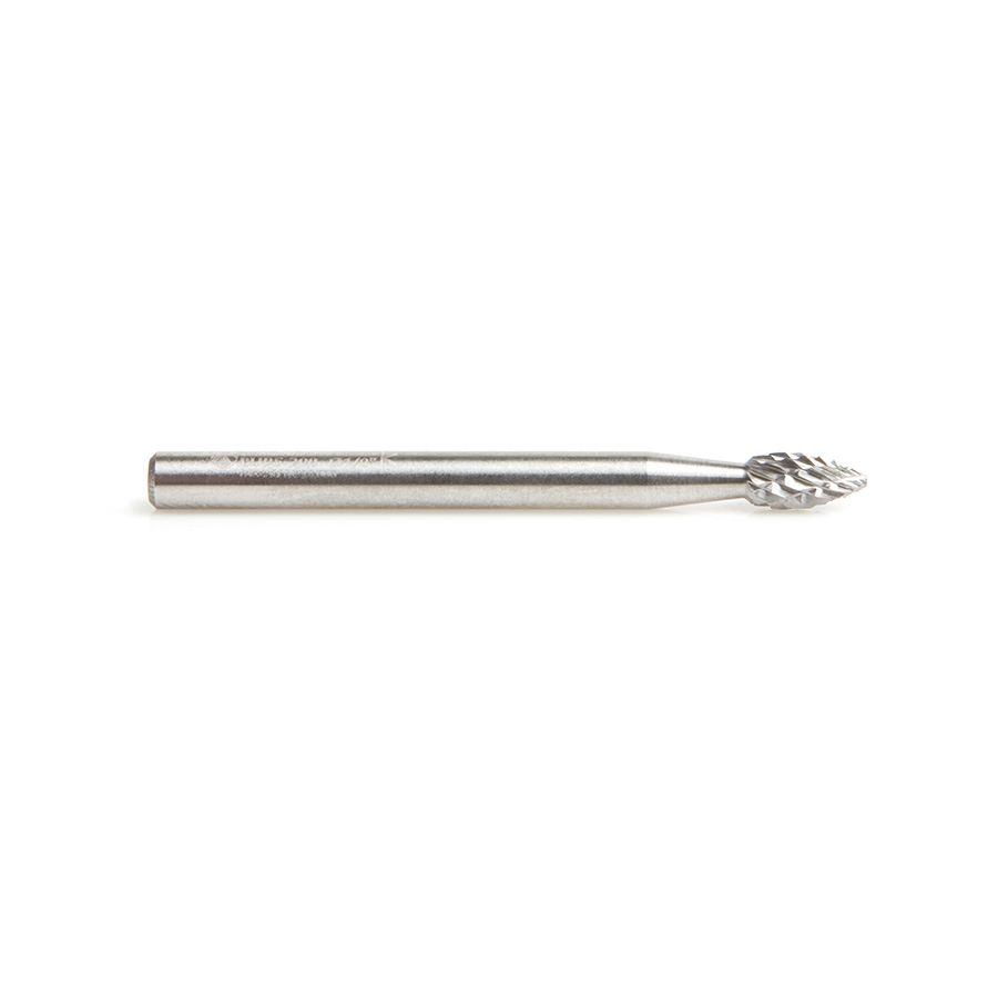 Amana BURS-200 Solid Carbide Flame Shape 1/8 Dia x 1/4 x 1/8 Shank Double Cut SH Burr Bit for Die-Grinders