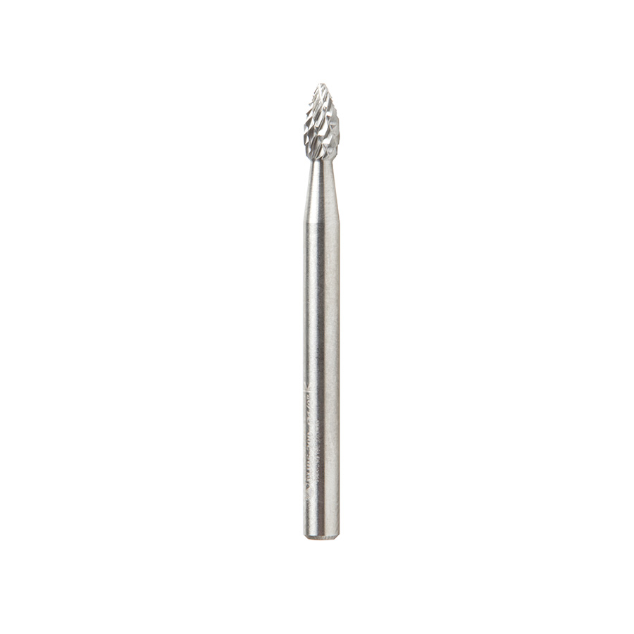 Amana BURS-200 Solid Carbide Flame Shape 1/8 Dia x 1/4 x 1/8 Shank Double Cut SH Burr Bit for Die-Grinders