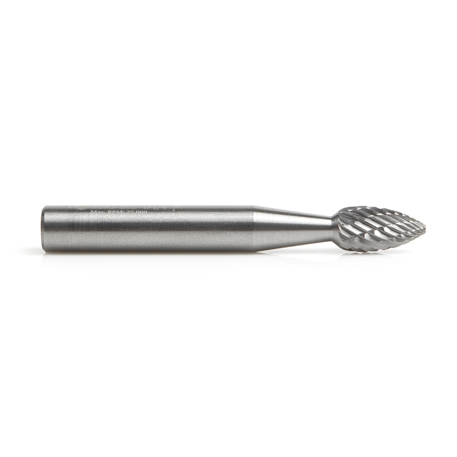 Amana BURS-202 Solid Carbide Flame Shape 1/4 Dia x 1/2 x 1/4 Shank Double Cut SH Burr Bit for Die-Grinders
