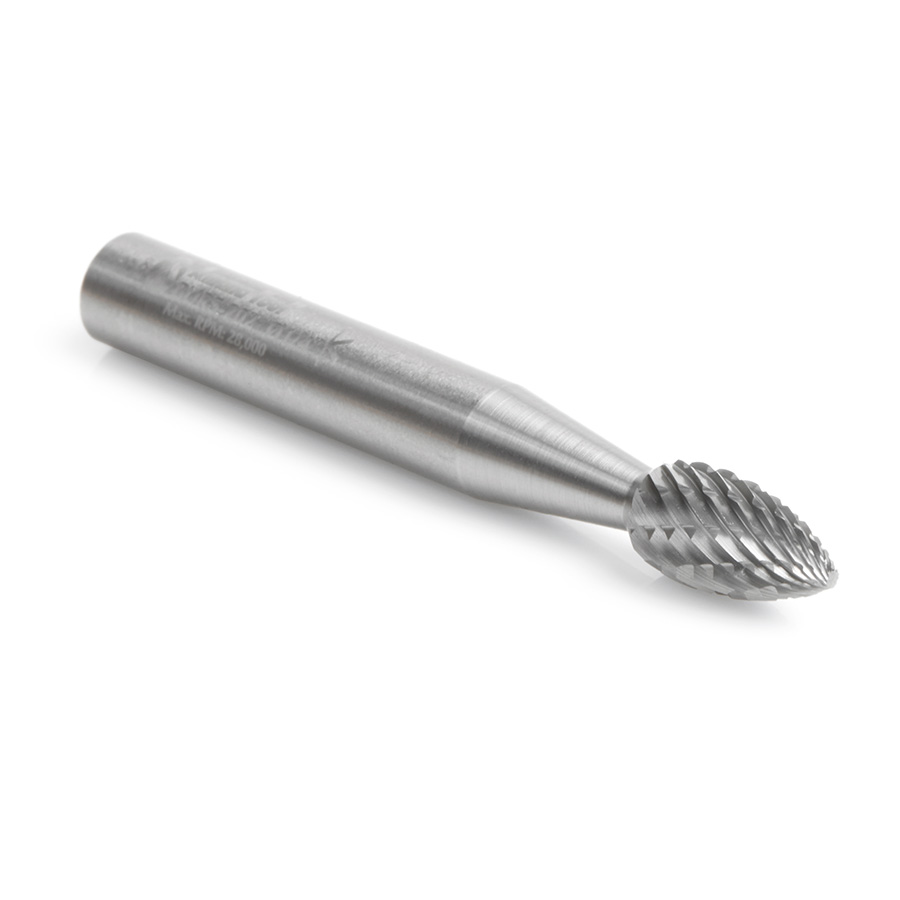 Amana BURS-202 Solid Carbide Flame Shape 1/4 Dia x 1/2 x 1/4 Shank Double Cut SH Burr Bit for Die-Grinders