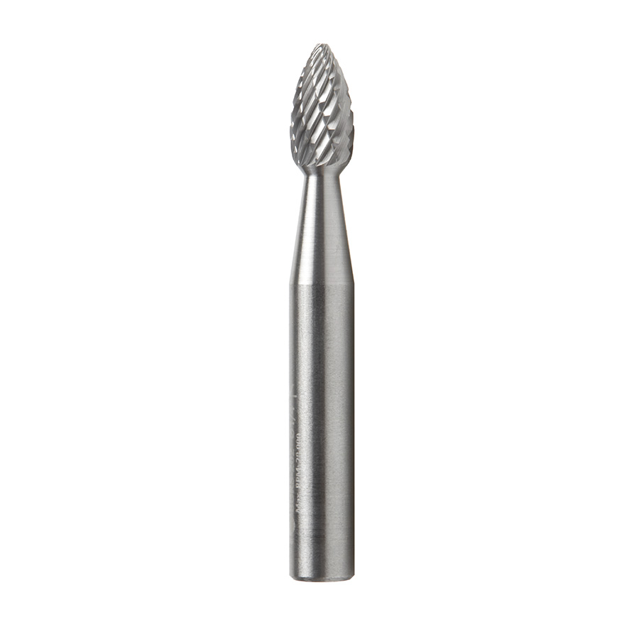 Amana BURS-202 Solid Carbide Flame Shape 1/4 Dia x 1/2 x 1/4 Shank Double Cut SH Burr Bit for Die-Grinders