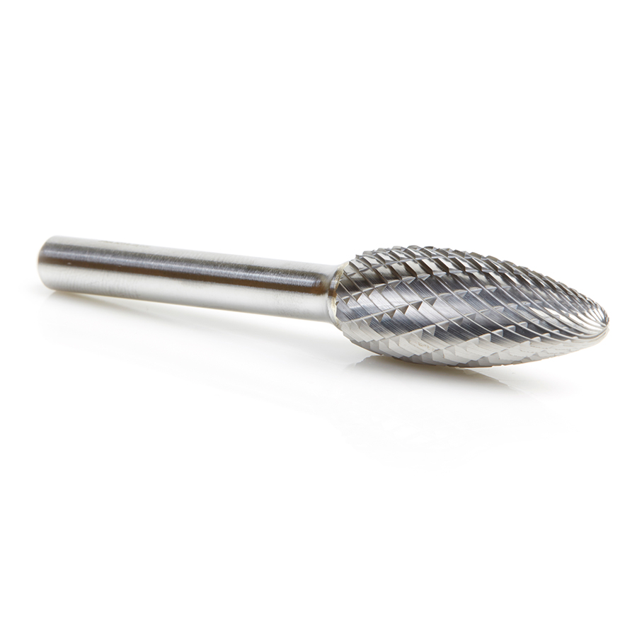 Amana BURS-206 Solid Carbide Flame Shape 1/2 Dia x 1-1/4 x 1/4 Shank Double Cut SH Burr Bit for Die-Grinders