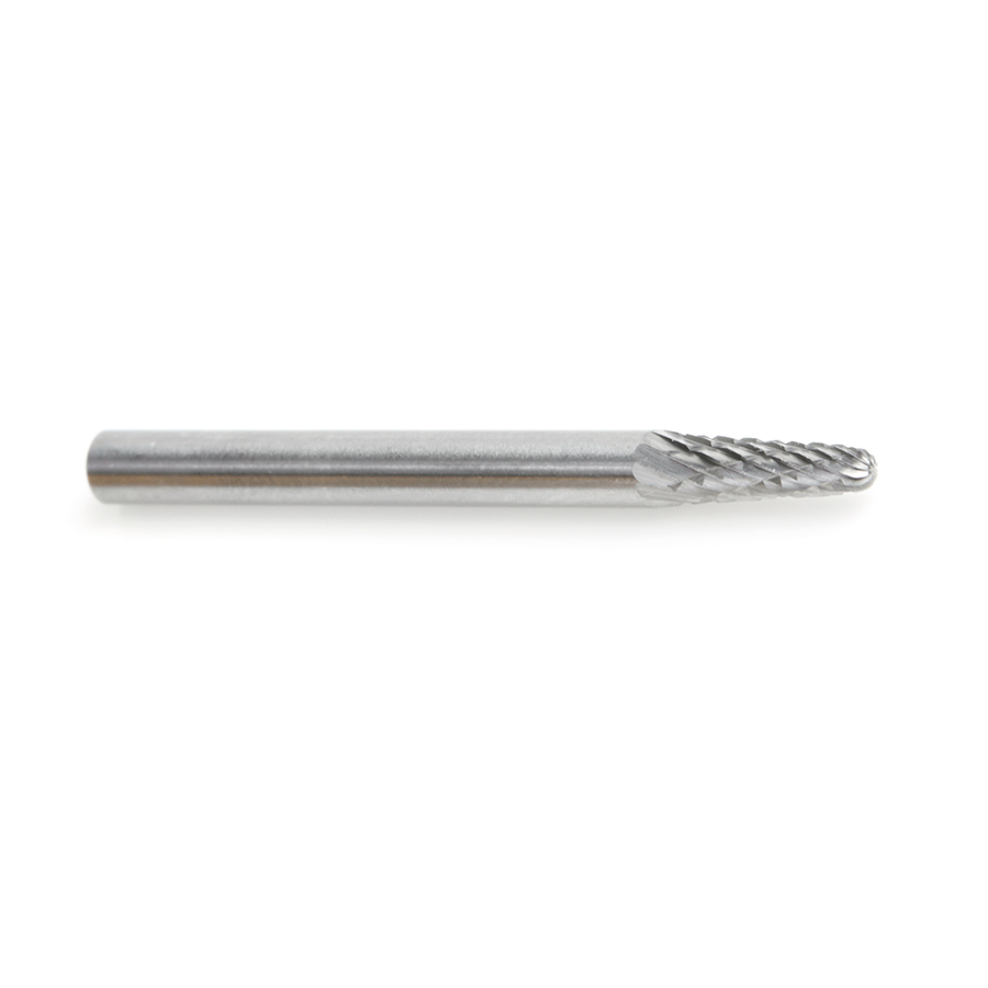 Amana BURS-210 Solid Carbide Radius Cone Shape 1/8 Dia x 3/8 x 1/8 Shank Double Cut SL Burr Bit for Die-Grinders