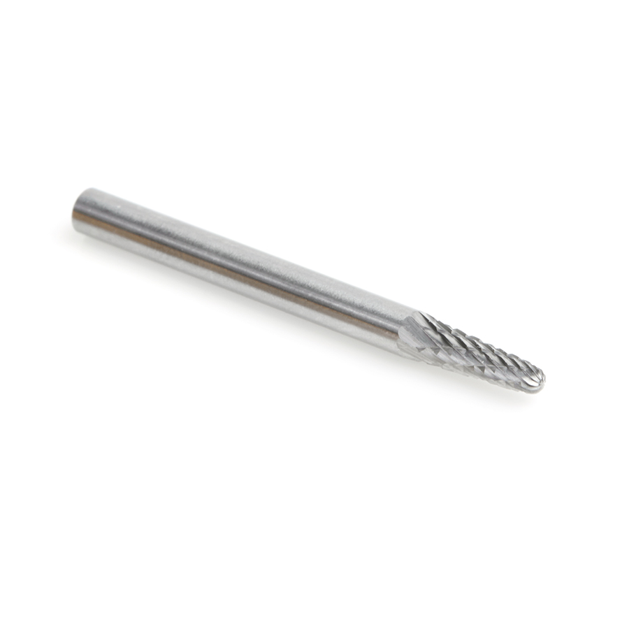 Amana BURS-210 Solid Carbide Radius Cone Shape 1/8 Dia x 3/8 x 1/8 Shank Double Cut SL Burr Bit for Die-Grinders