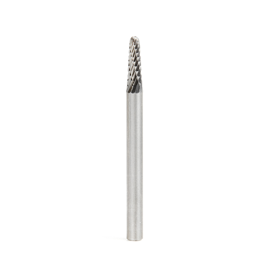 Amana BURS-210 Solid Carbide Radius Cone Shape 1/8 Dia x 3/8 x 1/8 Shank Double Cut SL Burr Bit for Die-Grinders