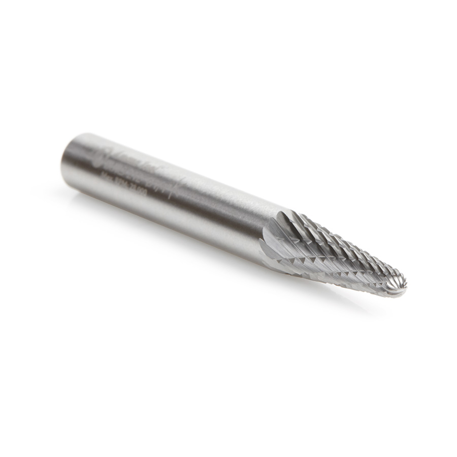 Amana BURS-212 Solid Carbide Radius Cone Shape 1/4 Dia x 5/8 x 1/4 Shank Double Cut SL Burr Bit for Die-Grinders