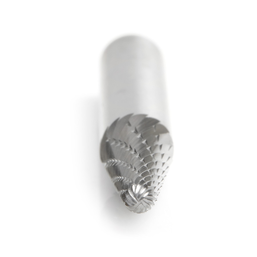 Amana BURS-212 Solid Carbide Radius Cone Shape 1/4 Dia x 5/8 x 1/4 Shank Double Cut SL Burr Bit for Die-Grinders
