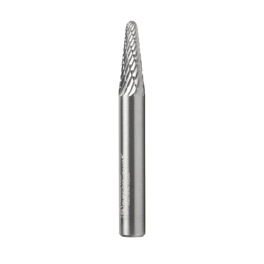 Amana BURS-212 Solid Carbide Radius Cone Shape 1/4 Dia x 5/8 x 1/4 Shank Double Cut SL Burr Bit for Die-Grinders