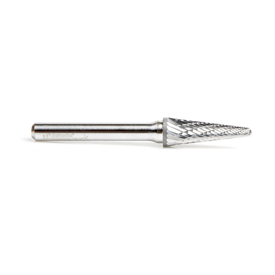 Amana BURS-214 Solid Carbide Radius Cone Shape 3/8 Dia x 1-1/16 x 1/4 Shank Double Cut SL Burr Bit for Die-Grinders