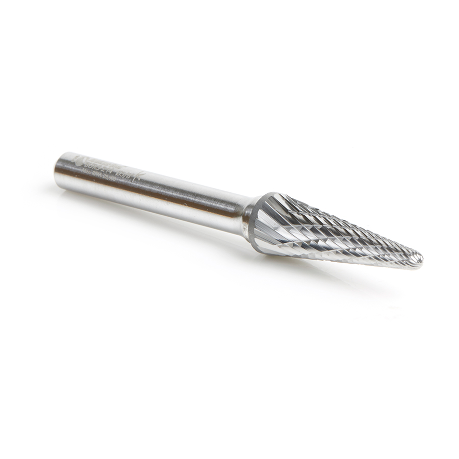 Amana BURS-214 Solid Carbide Radius Cone Shape 3/8 Dia x 1-1/16 x 1/4 Shank Double Cut SL Burr Bit for Die-Grinders