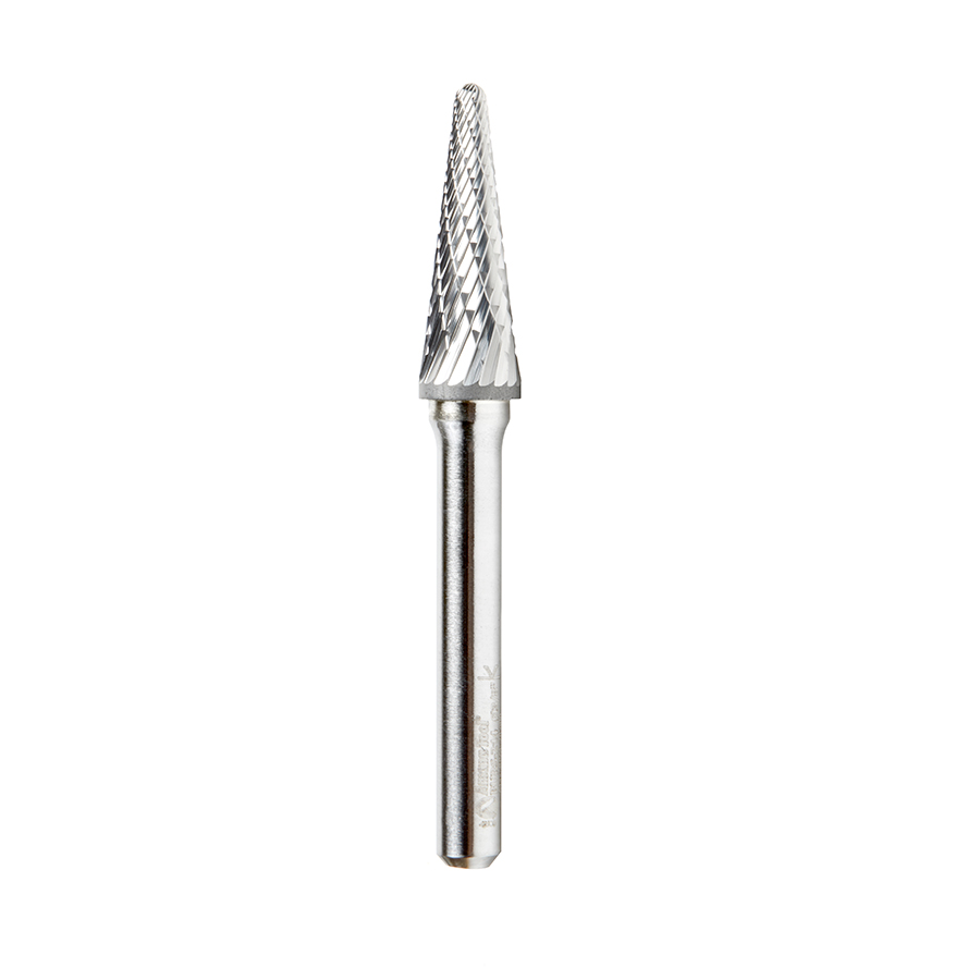 Amana BURS-214 Solid Carbide Radius Cone Shape 3/8 Dia x 1-1/16 x 1/4 Shank Double Cut SL Burr Bit for Die-Grinders