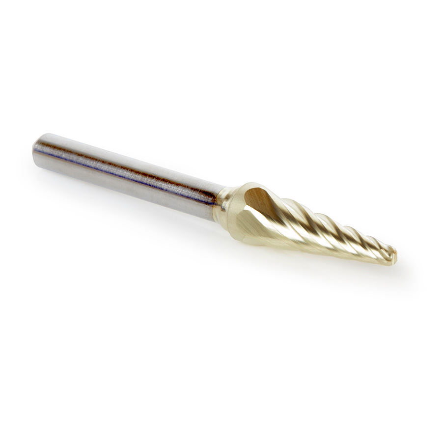 Amana BURS-214NF Solid Carbide Radius Cone Shape 3/8 Dia x 1-1/16 x 1/4 Shank Non-Ferrous ZrN Coated SL Burr Bit for Die-Grinders